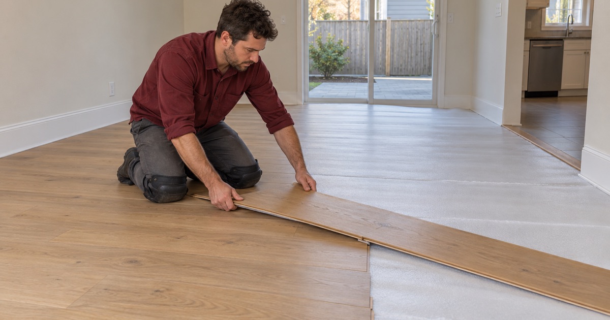 Worker angling a wide engineered oak plank into the previous row over foam underlayment in a townhouse in Lawrence, MA.