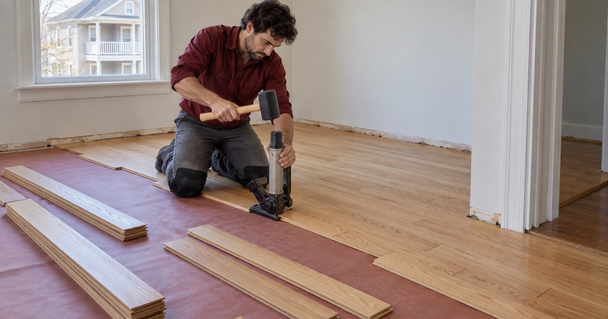 Worker driving a flooring nailer along the tongue of a new red oak strip in a renovated Lawrence, MA, flat.
