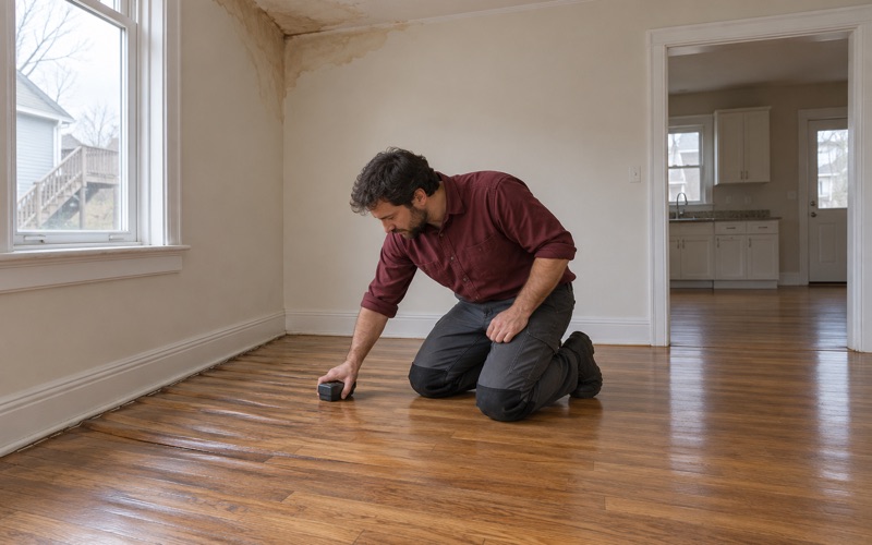 Worker pressing a moisture meter to cupped oak boards beneath a water-stained ceiling in the lower flat of a two-family in Lawrence, MA.