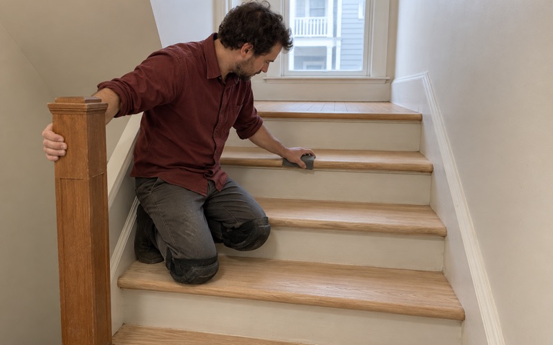 Worker hand-sanding the nose of an oak stair tread in the common stairway of a Lawrence, MA, three-decker.