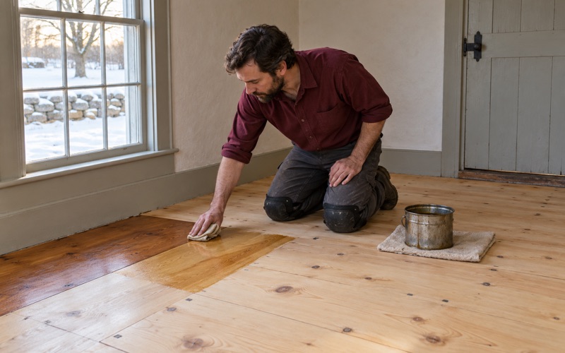 Worker wiping a test patch of clear finish onto sanded wide pine floorboards in an old New England farmhouse room.