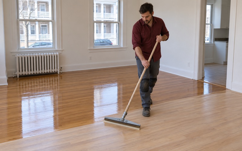 Worker coating a sanded oak floor in a vacant three-decker apartment in Lawrence, MA, between tenants.
