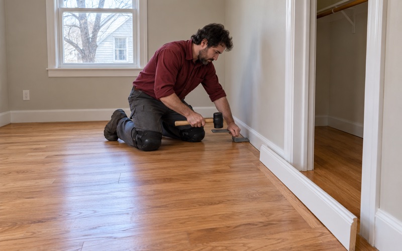 Worker pulling the last row of new oak tight to the wall in a Lawrence, MA, bedroom where old carpet was taken out.