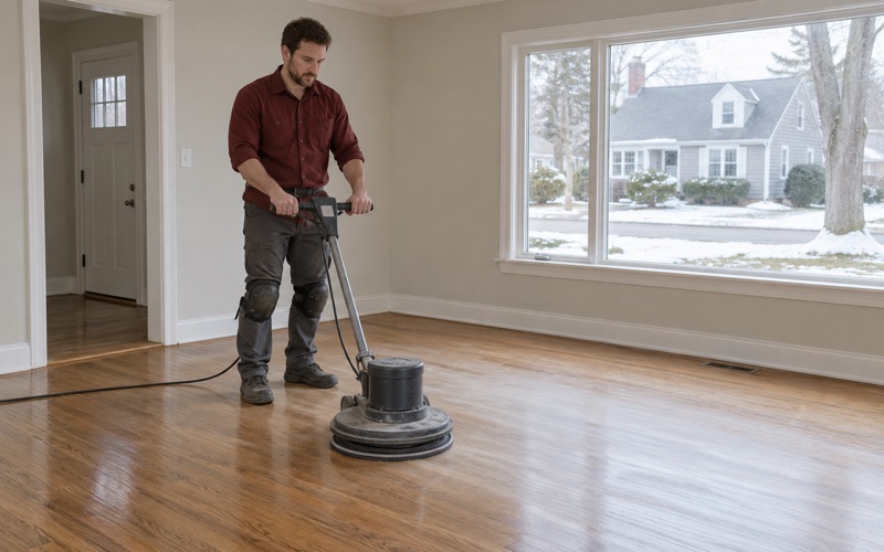 Worker screening a worn but intact oak floor with a floor buffer before a fresh coat of finish in a Lawrence, MA, home.