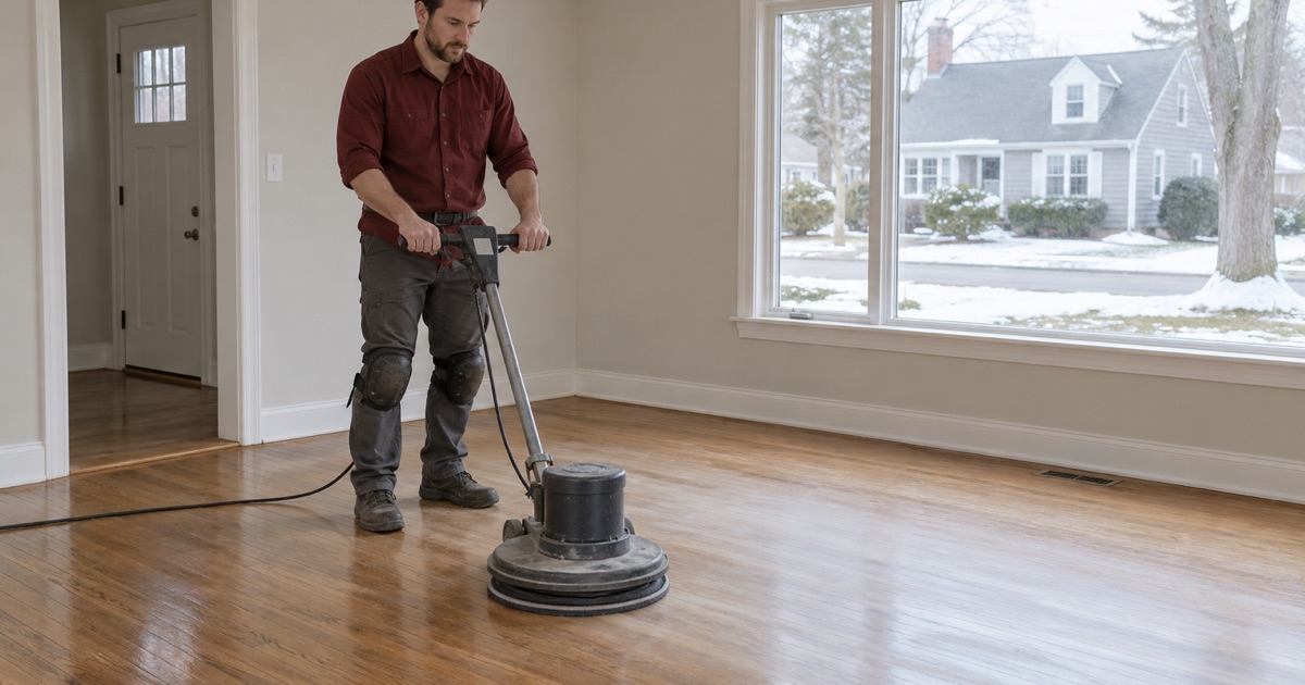Worker screening a worn but intact oak floor with a floor buffer before a fresh coat of finish in a Lawrence, MA, home.