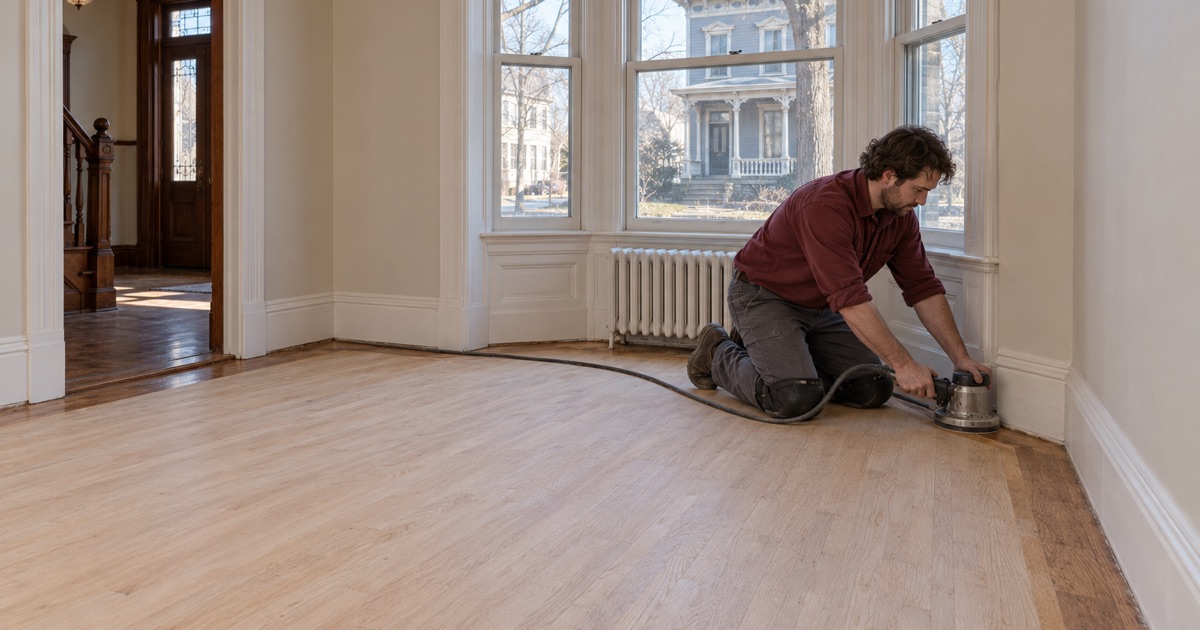 Worker edging a sanded red oak floor along the wall of a Victorian parlor in Lawrence, MA, with a radiator under the bay window.