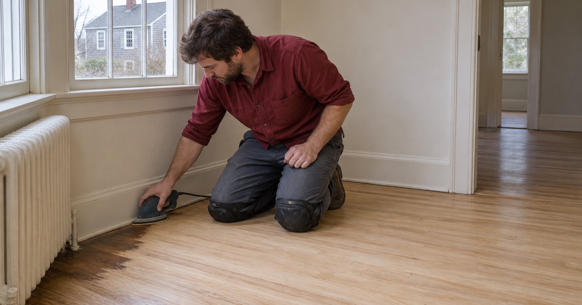 Worker finishing the sanding of an older Amesbury house’s oak floor at the corner.
