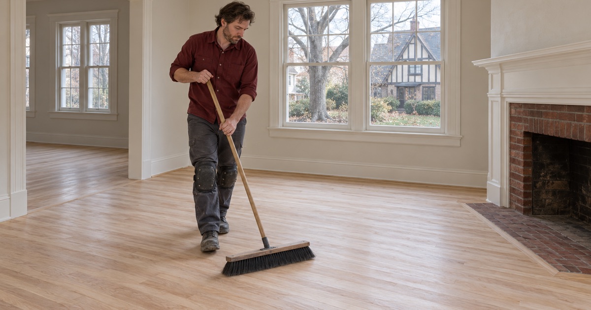 Worker sweeping a sanded oak floor before finish in a Colonial Revival house in Andover’s Shawsheen Village.