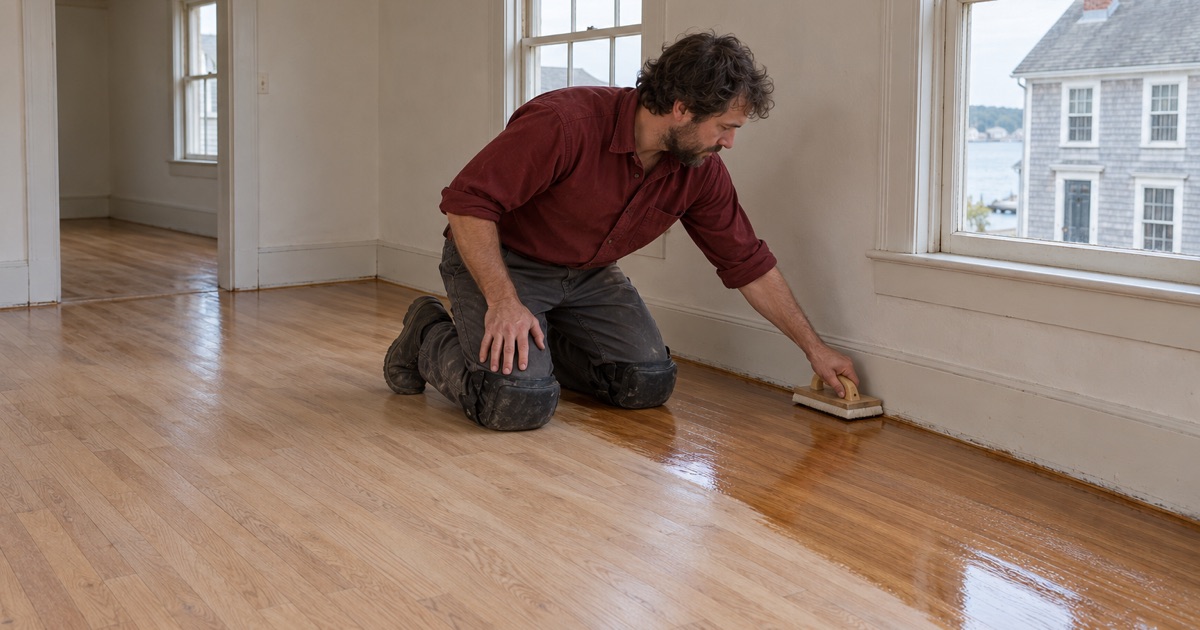 Worker coating the edge of a refinished oak floor in an old house near the Beverly waterfront.