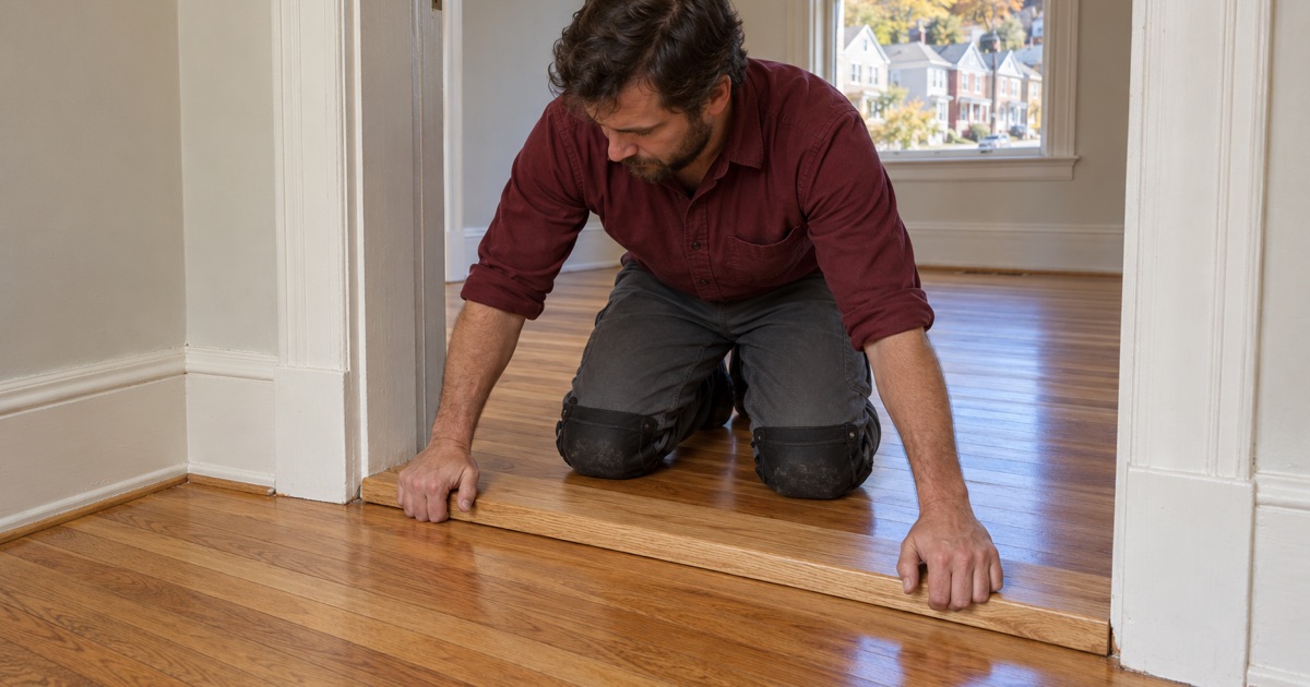 Worker pressing a new oak threshold into a doorway in a refinished gable-front house in Haverhill.