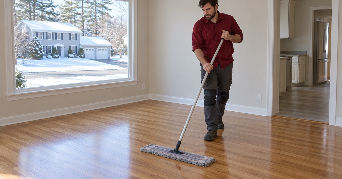 Worker dust-mopping a refinished oak floor in a house in Hudson, New Hampshire.