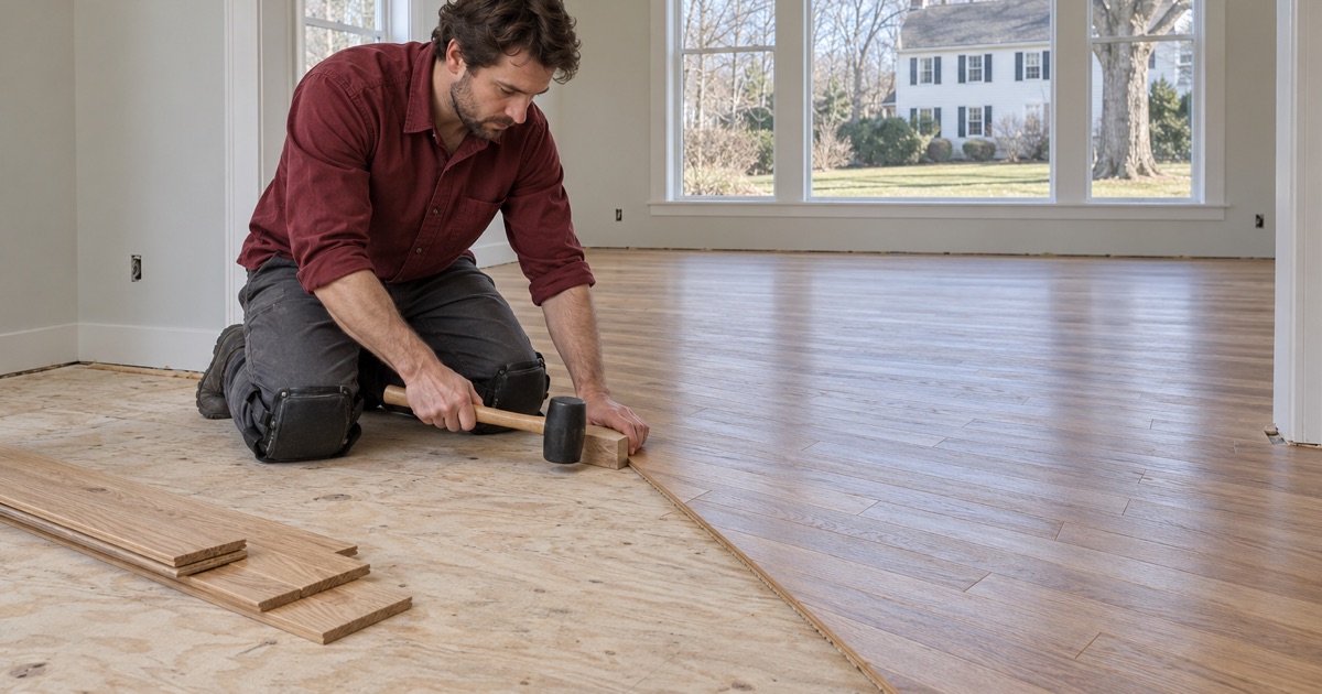 Worker tapping a new oak strip into place where a Lexington house’s old floor meets its new addition.