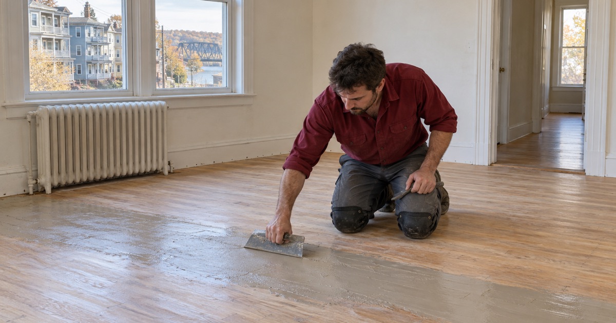 Worker trowel-filling the seams of a sanded oak floor in a Lowell three-decker apartment between tenants.