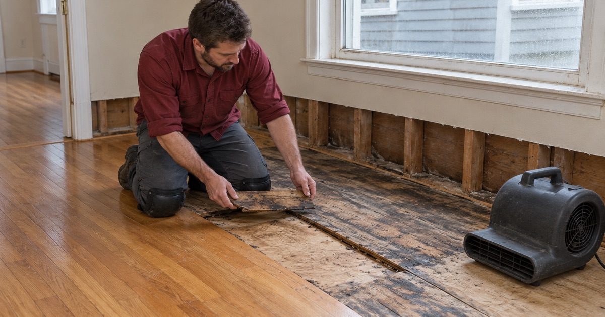 Worker lifting out a water-stained oak board on the ground floor of a Lynn house so the subfloor can dry.