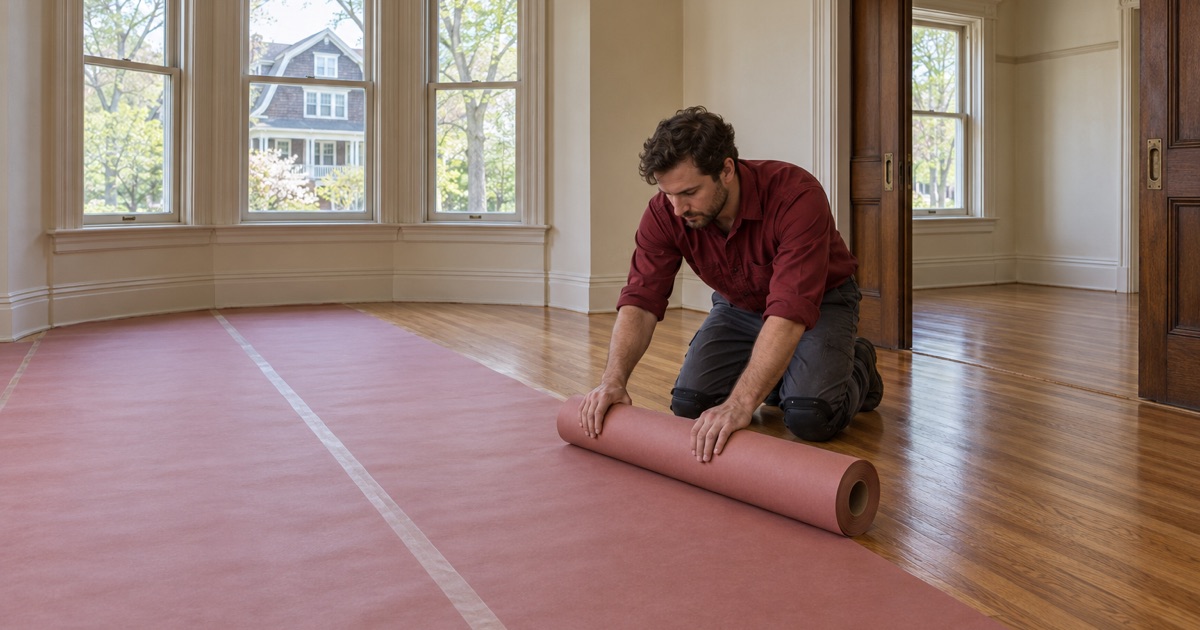 Worker rolling protective paper over a newly refinished oak floor in a Queen Anne house in Methuen.