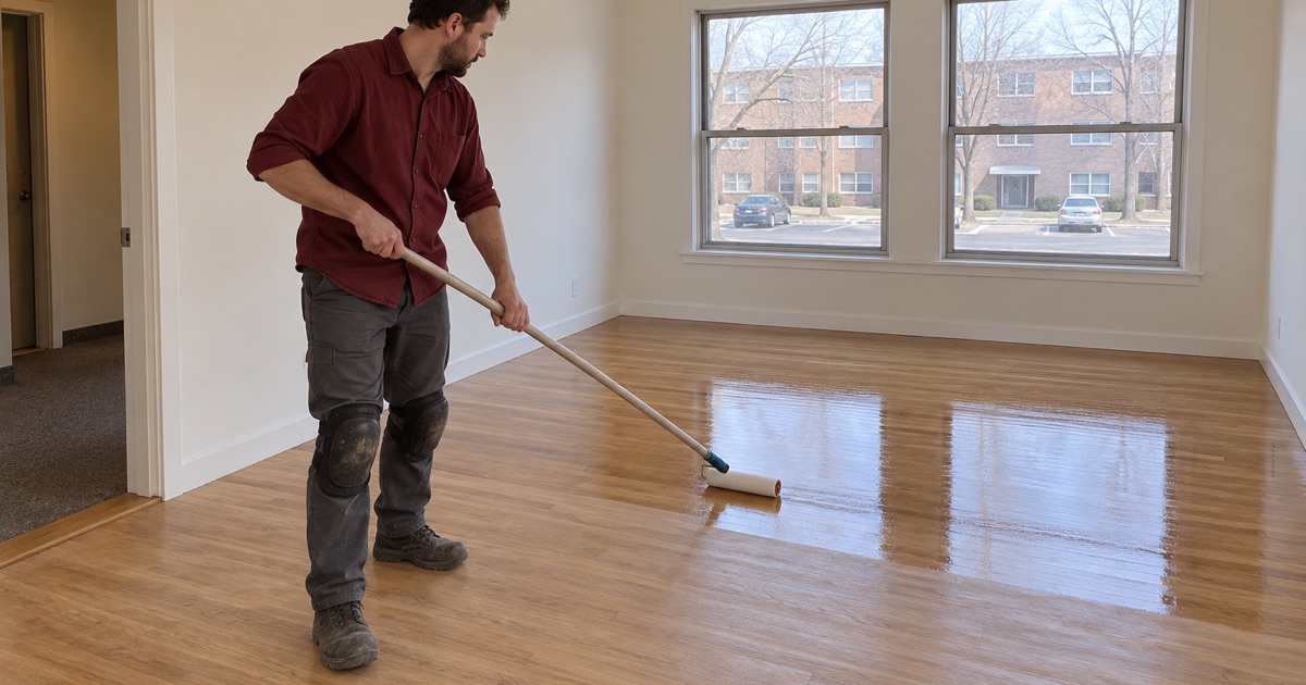 Worker rolling a coat of finish onto an oak floor in an apartment in a brick rental building in Nashua, New Hampshire.