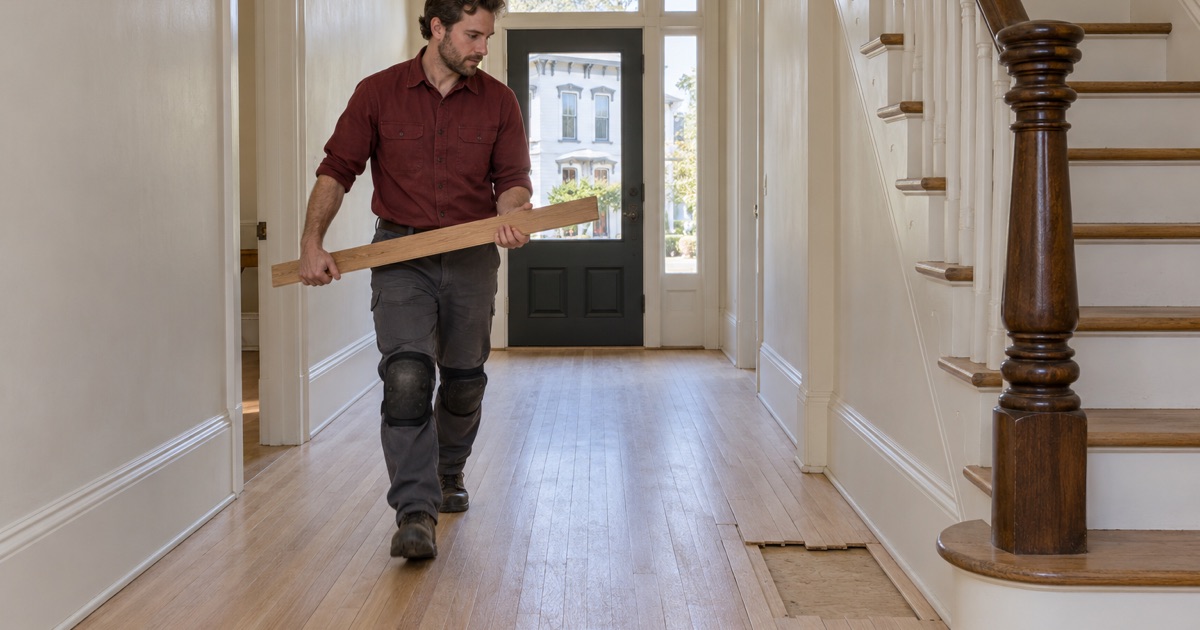 Worker carrying a replacement oak strip down the side hall of a Greek Revival house in Peabody.