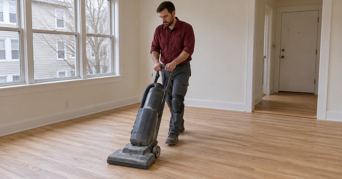 Worker vacuuming a sanded oak floor in a unit of a Wakefield two-family.
