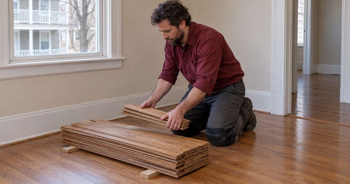 Worker sorting salvaged oak strips taken up from one room of a Woburn two-family to reuse in a repair.